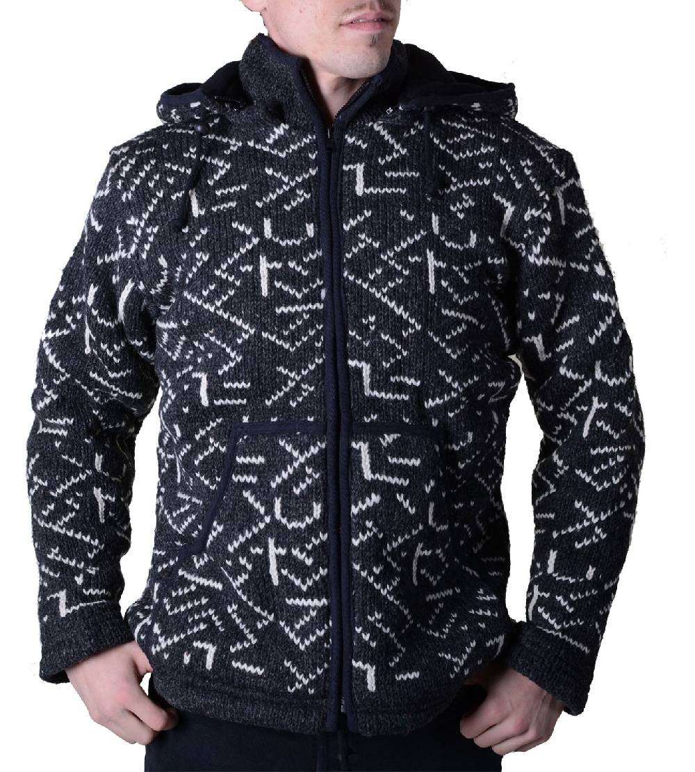 Kunst Und Magie Herren Strickjacke Wolljacke mit Fleecefutter und abnehmbarer Kapuze und Muster