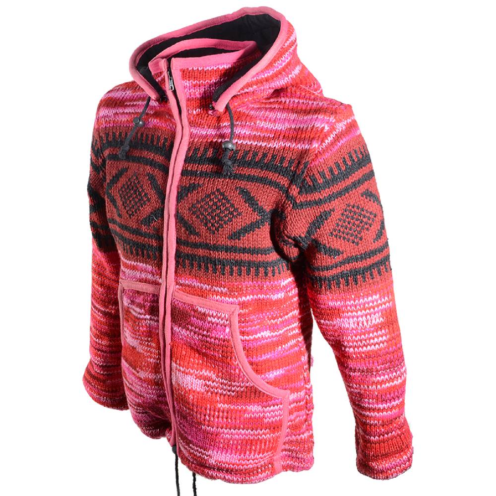 Kunst Und Magie Hippie Goa Nepal Strickjacke Poncho Woll-Pullover In Pink Mit Abnehmbarer Zipfelkapuze