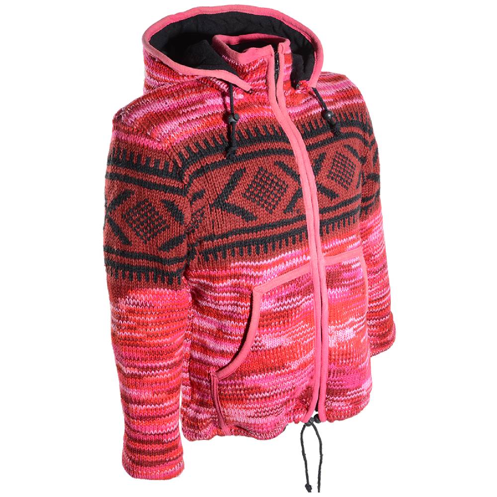 Kunst Und Magie Hippie Goa Nepal Strickjacke Poncho Woll-Pullover In Pink Mit Abnehmbarer Zipfelkapuze