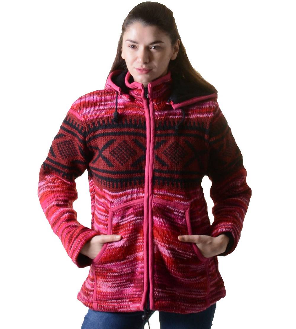 Kunst Und Magie Hippie Goa Nepal Strickjacke Poncho Woll-Pullover In Pink Mit Abnehmbarer Zipfelkapuze