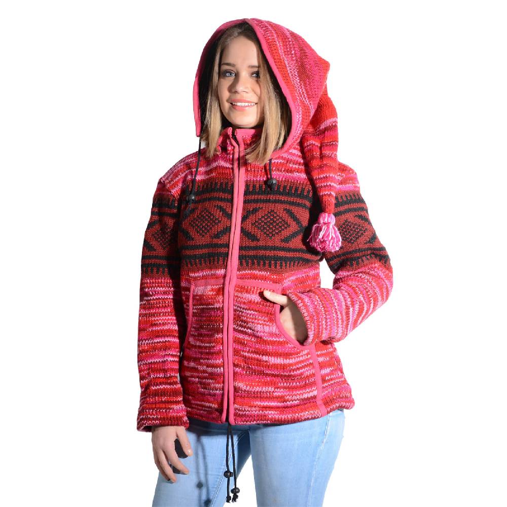 Kunst Und Magie Hippie Goa Nepal Strickjacke Poncho Woll-Pullover in Pink mit abnehmbarer Zipfelkapuze