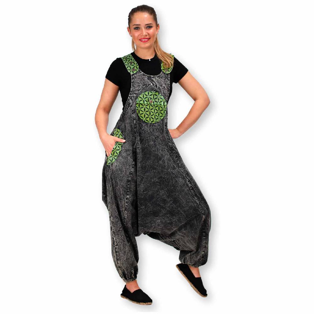 Kunst Und Magie Hippie Latzhose Haremshose Goa Hose Boho 70er Jumpsuit Overall Blume des Lebens