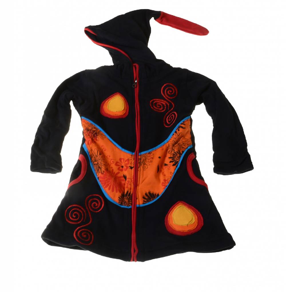 Kunst Und Magie Kinder Hippie Jacke mit Zipfelkapuze Goa Psy Wichtel Schwarz/Orange/Rot