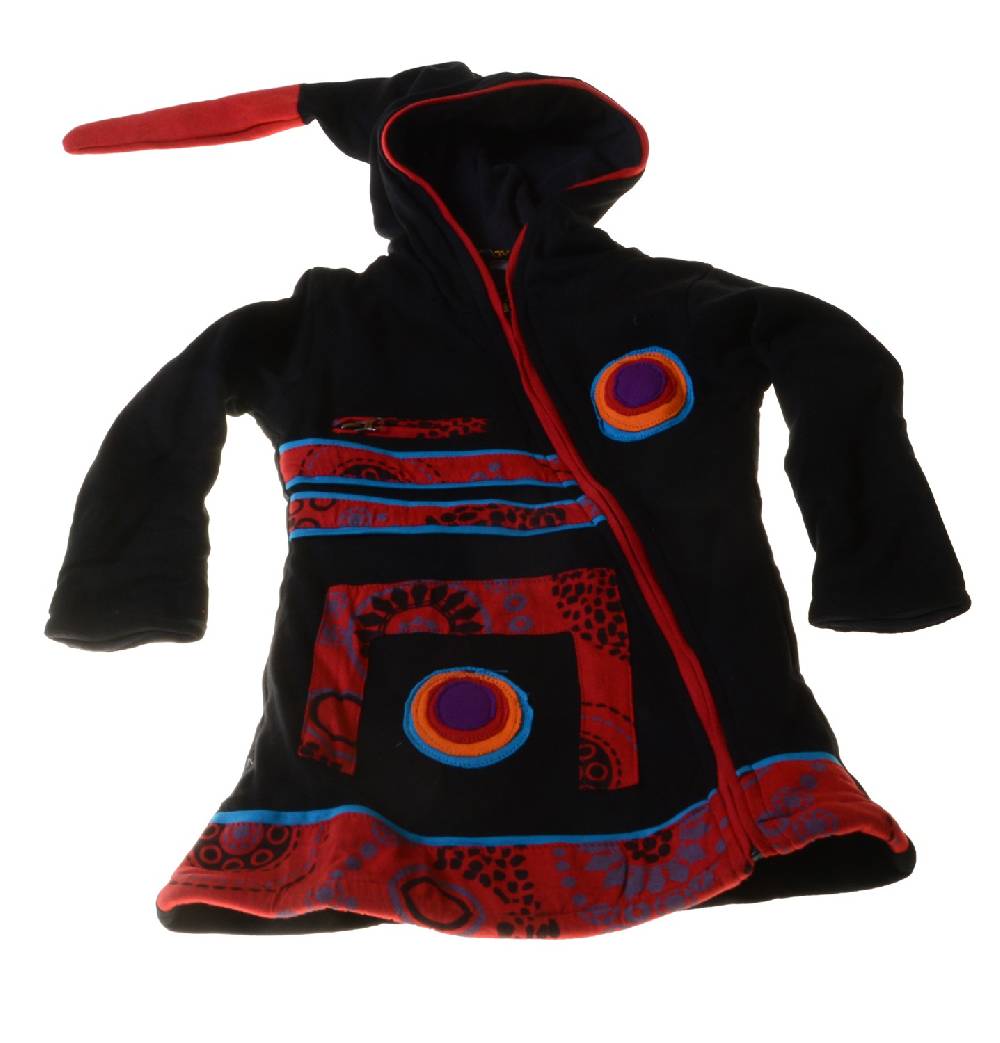 Kunst Und Magie Kinder Hippie Jacke mit Zipfelkapuze Goa Psy Wichtel Schwarz/Rot/Blau