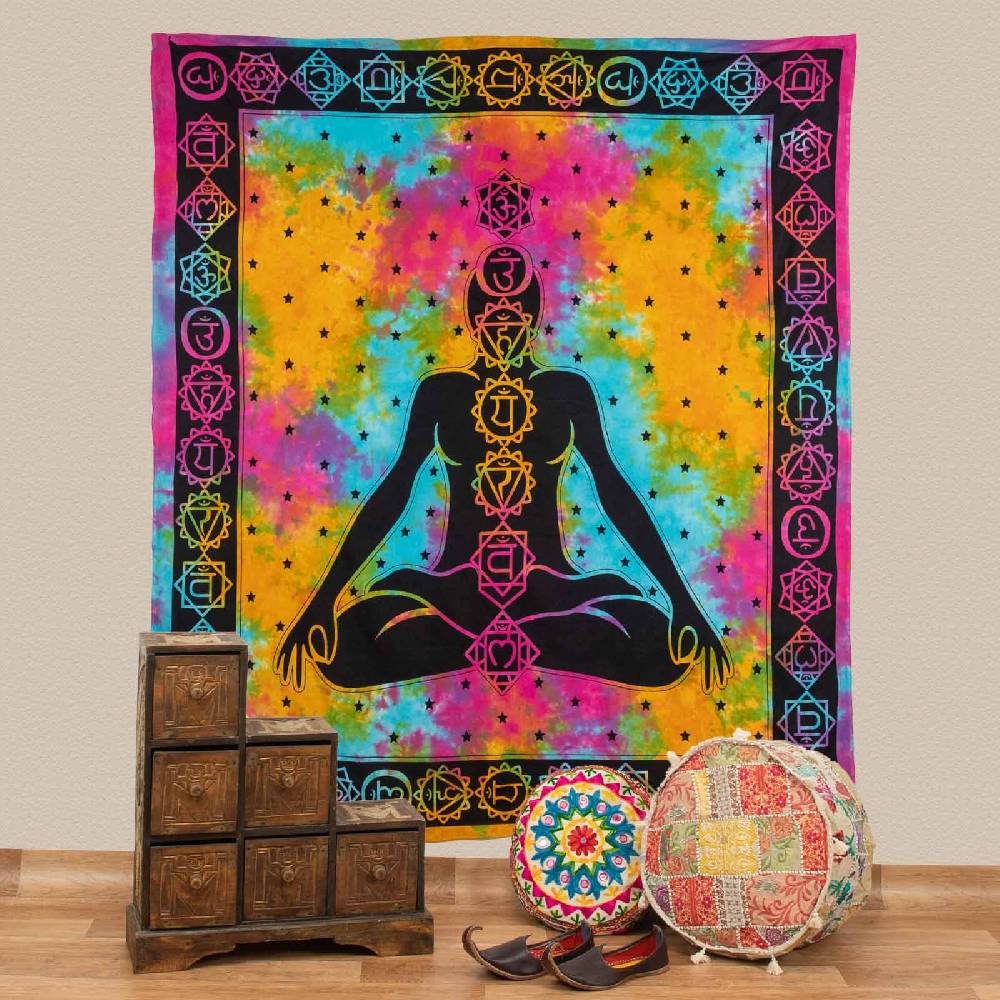 Kunst Und Magie Kunst und Magie AUM Tagesdecke Wandbehang Bunt Deko Tuch Chakra Yoga Meditation ca. 200 x 230cm