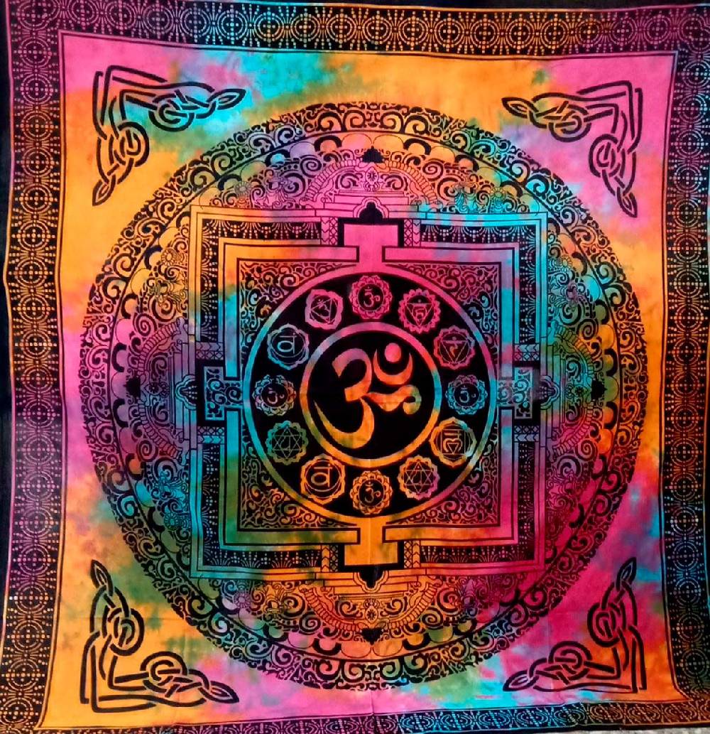 Kunst Und Magie Kunst und Magie AUM Tagesdecke Wandbehang Bunt Deko Tuch OM Yantra Mandala ca. 200 x 230cm