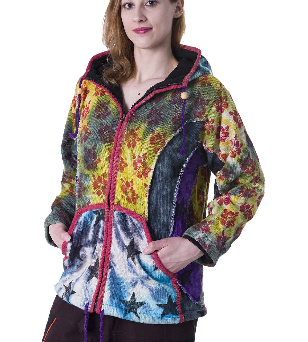 Kunst Und Magie Kunst und Magie Bunte Damen Strickjacke "Stars & Flowers" mit Zipfelkapuze