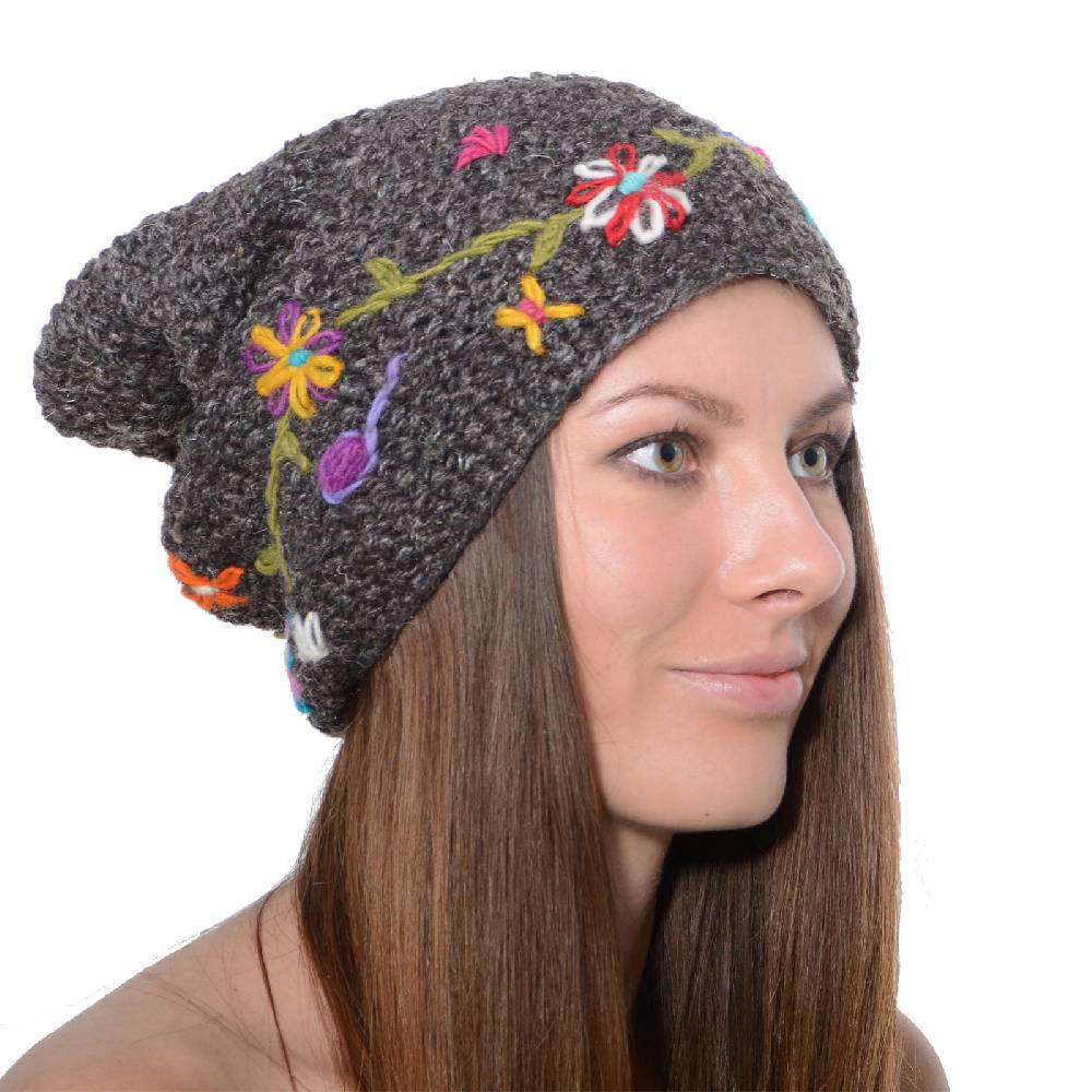 Kunst Und Magie Kunst und Magie Damen Beanie Strickmütze aus Wolle mit Blumenstickerei und Fleecefutter