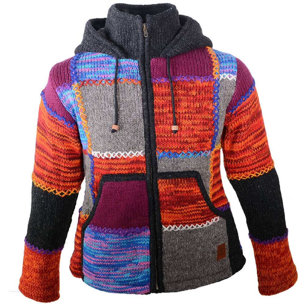 Kunst Und Magie Kunst Und Magie Damen Bunte Patchwork Strickjacke Mit Zipfelkapuze