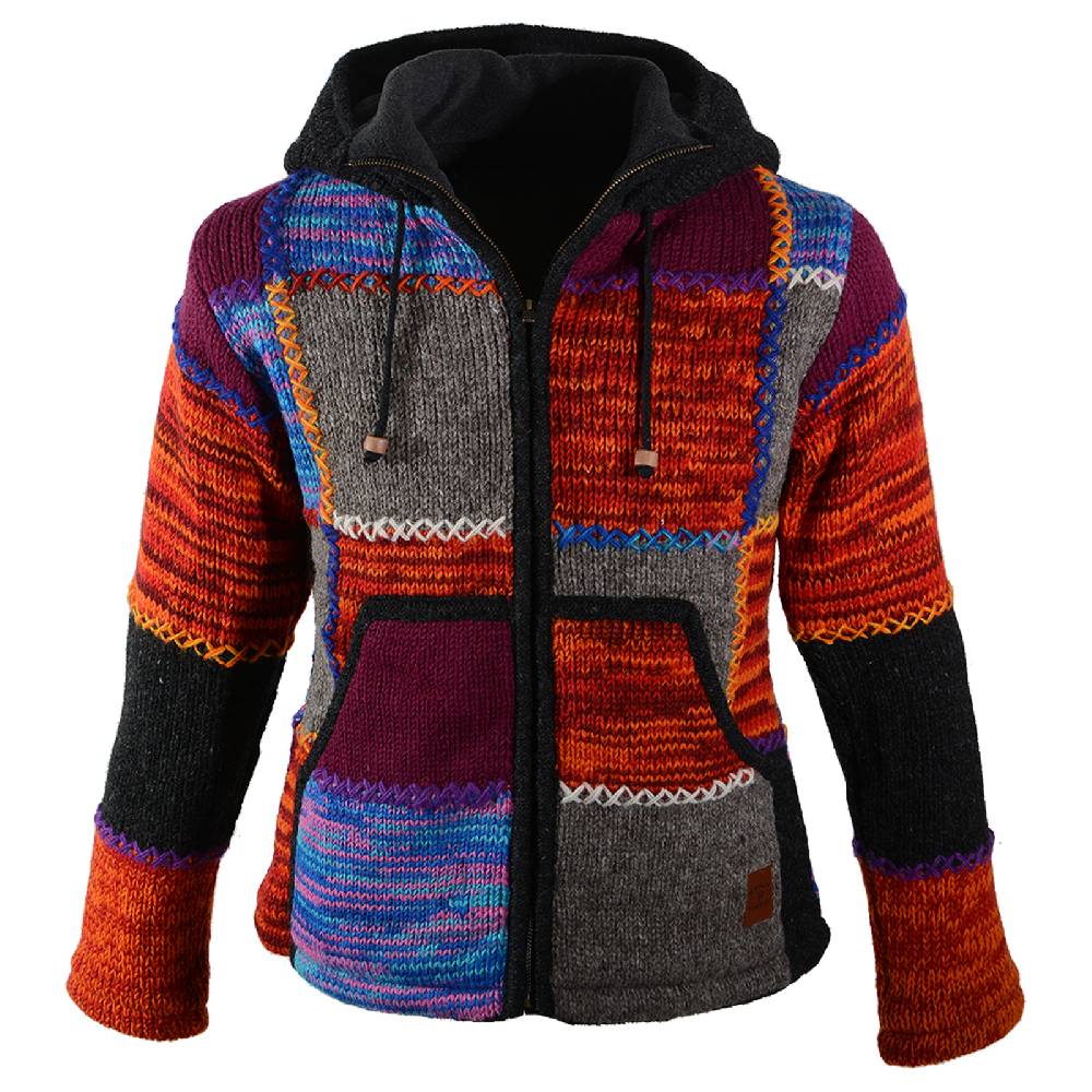 Kunst Und Magie Kunst und Magie Damen Bunte Patchwork Strickjacke mit Zipfelkapuze