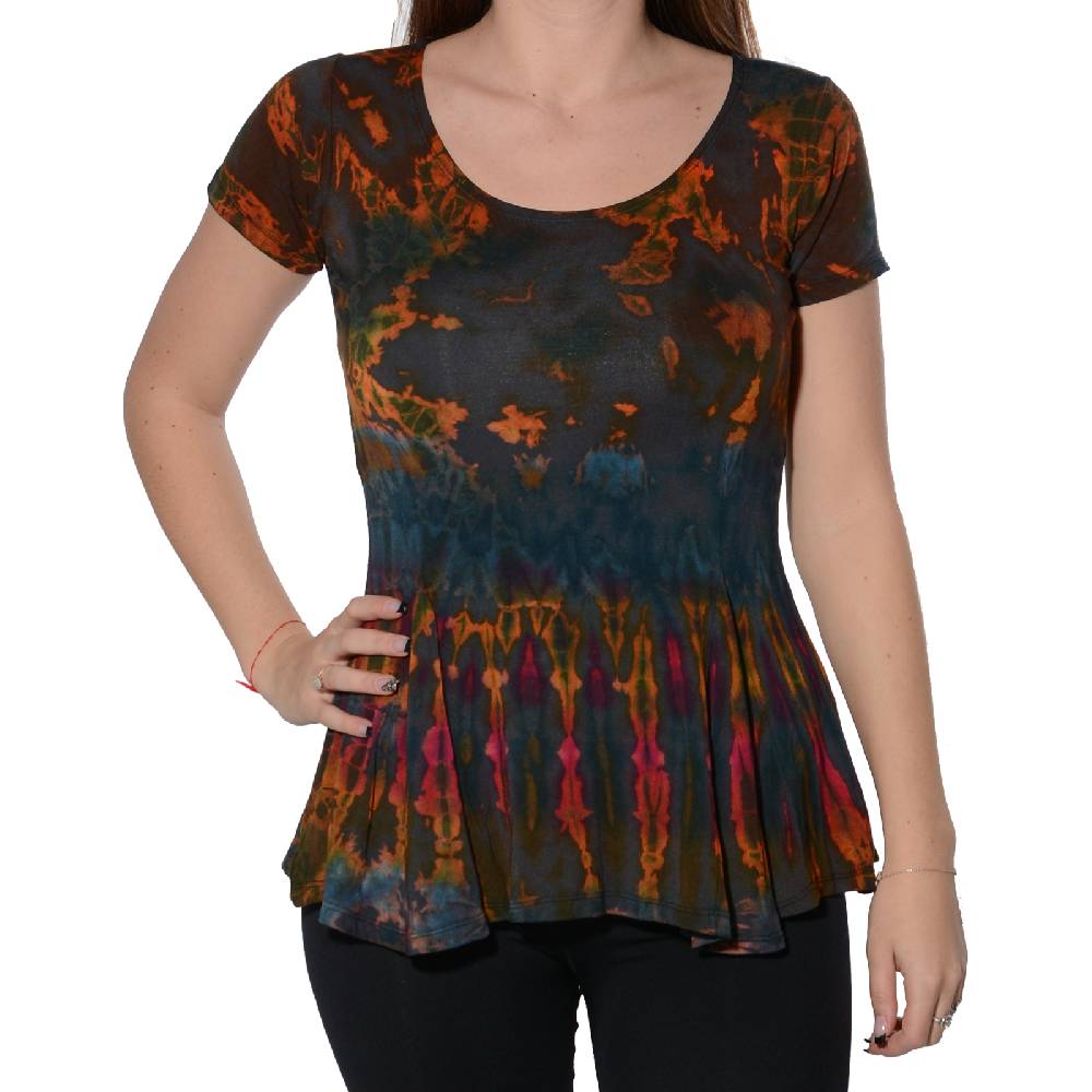 Kunst Und Magie Kunst Und Magie Damen Buntes Tie Dye Batik T-Shirt Mit Volant