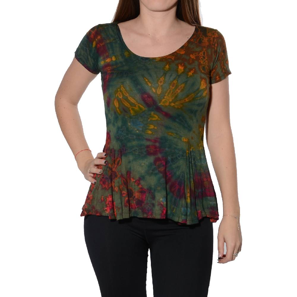 Kunst Und Magie Kunst Und Magie Damen Buntes Tie Dye Batik T-Shirt Mit Volant