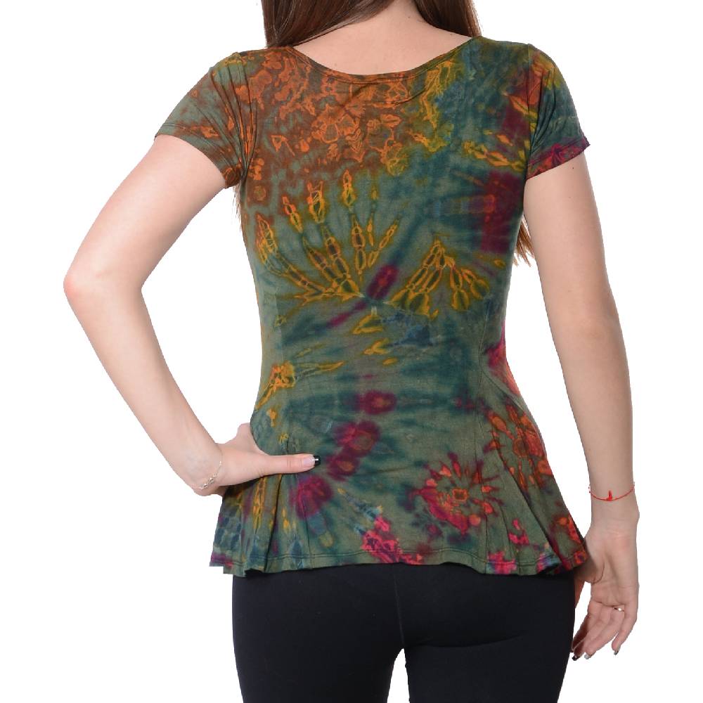 Kunst Und Magie Kunst Und Magie Damen Buntes Tie Dye Batik T-Shirt Mit Volant