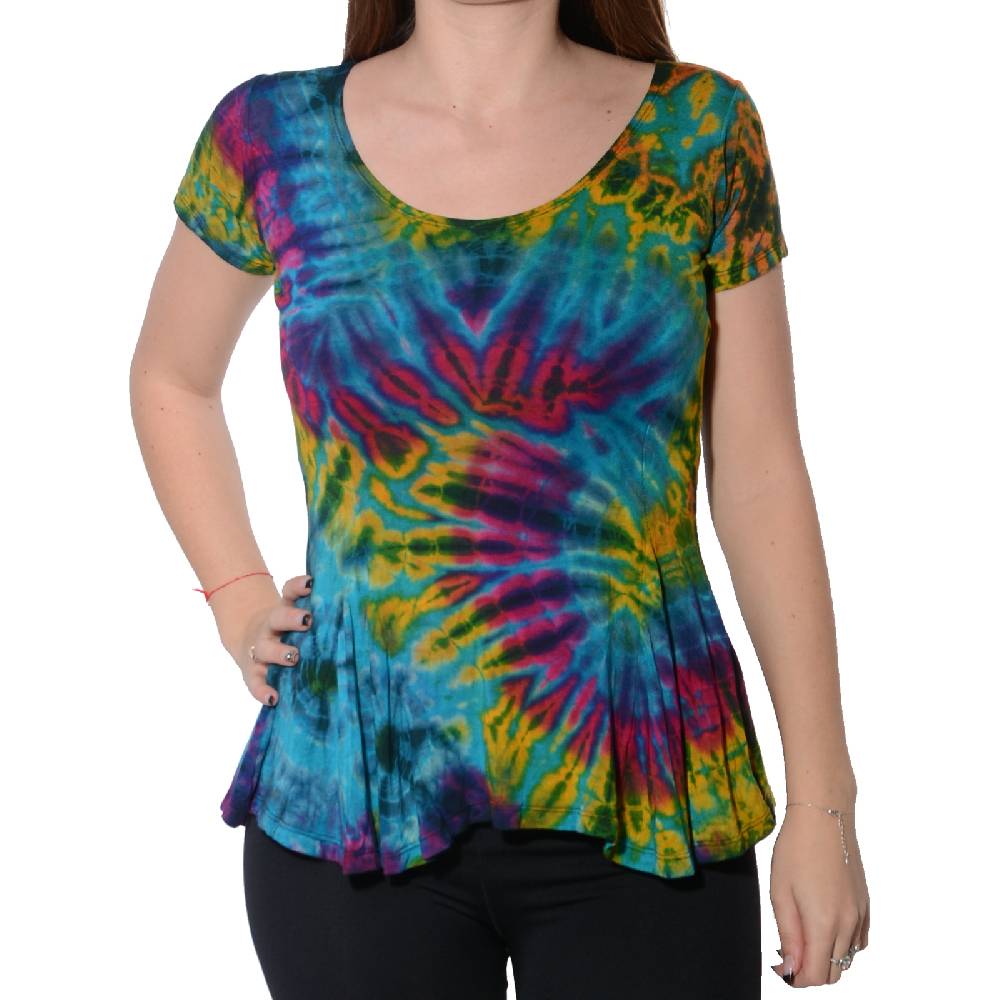Kunst Und Magie Kunst und Magie Damen Buntes Tie Dye Batik T-Shirt mit Volant