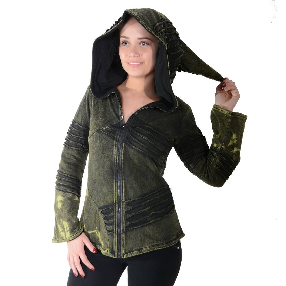 Kunst Und Magie Kunst und Magie Damen Goa Hippie Jacke mit Zipfelkapuze Stonewashed Fleecefutter