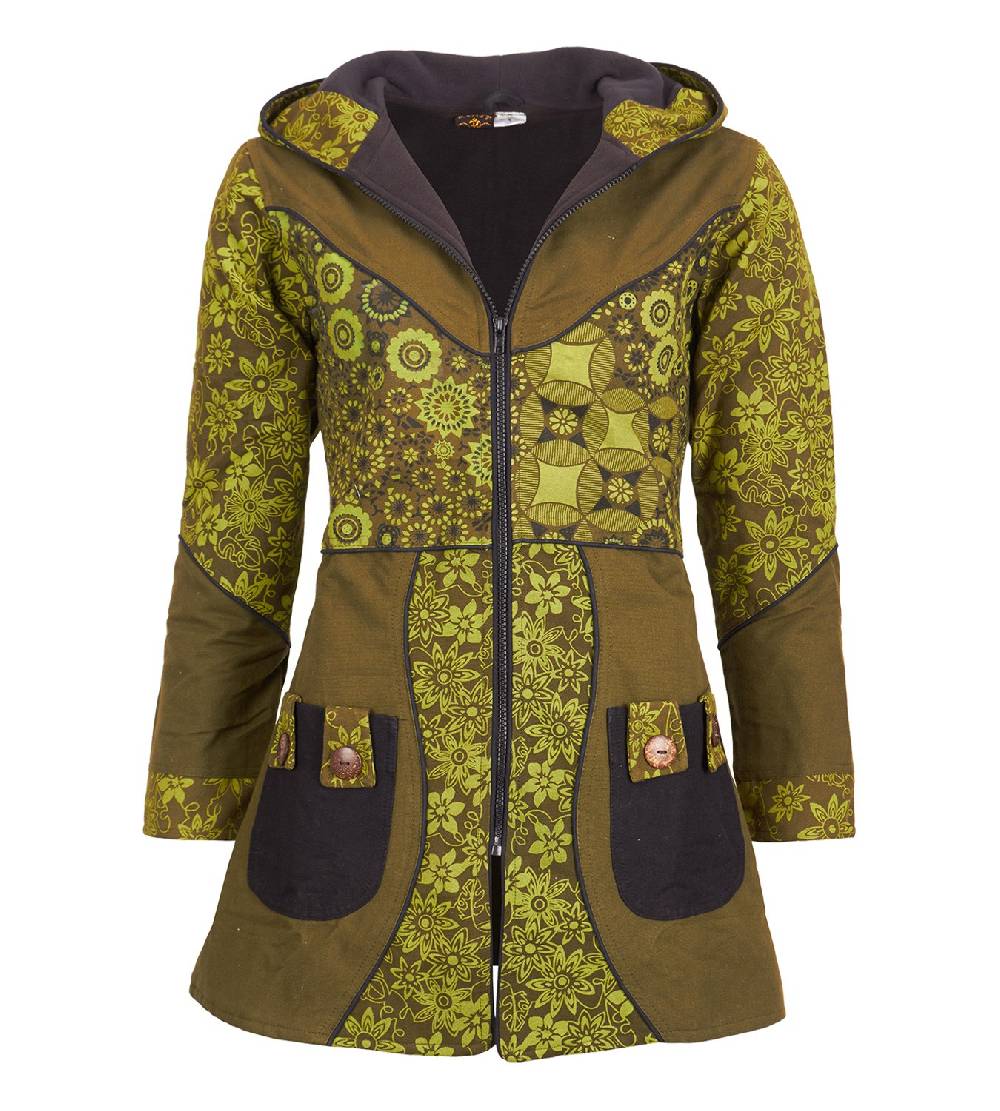 Kunst Und Magie Kunst und Magie Damenmantel mit Kapuze Blumenmuster Jacke Baumwolle Boho