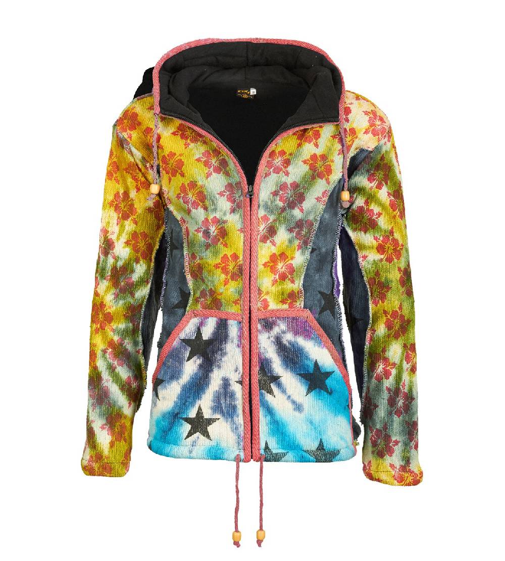 Kunst Und Magie Kunst und Magie Goa Bunte Patchwork Batik Herren Strickjacke mit Zipfelkapuze Hippie