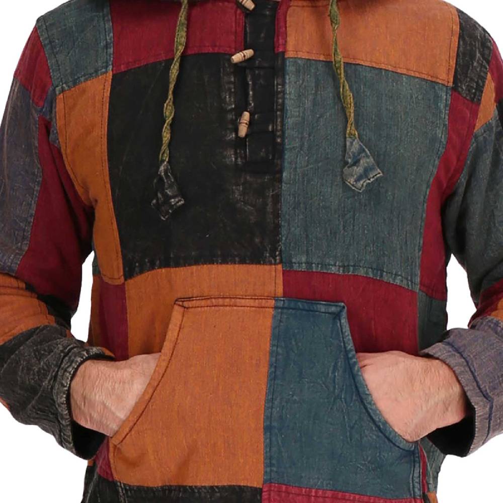 Kunst Und Magie KUNST UND MAGIE Herren Bunt Alternativ Baja Hoodie Fischerhemd Kapuze Patchwork Gefüttert