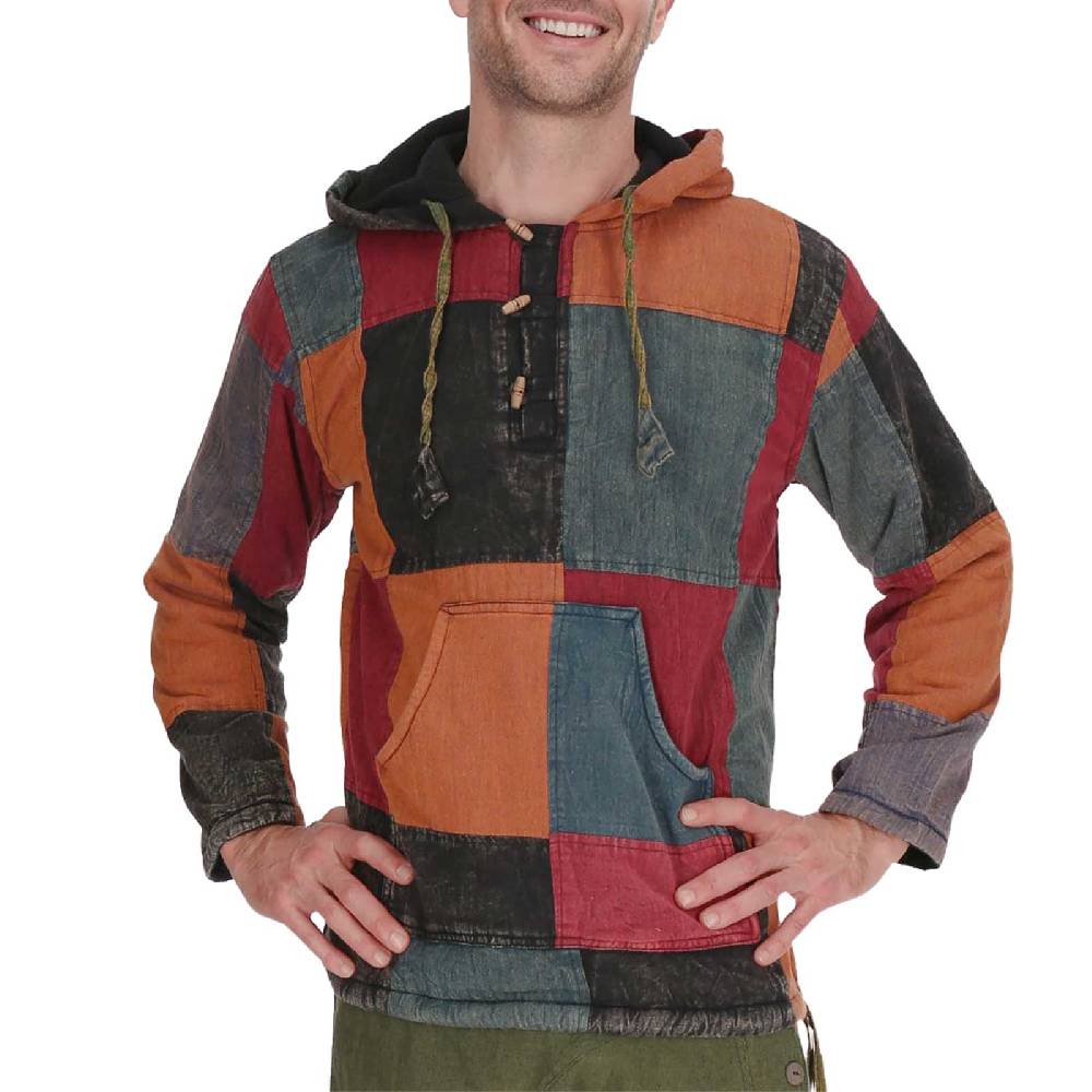 Kunst Und Magie KUNST UND MAGIE Herren bunt alternativ Baja Hoodie Fischerhemd Kapuze Patchwork gefüttert