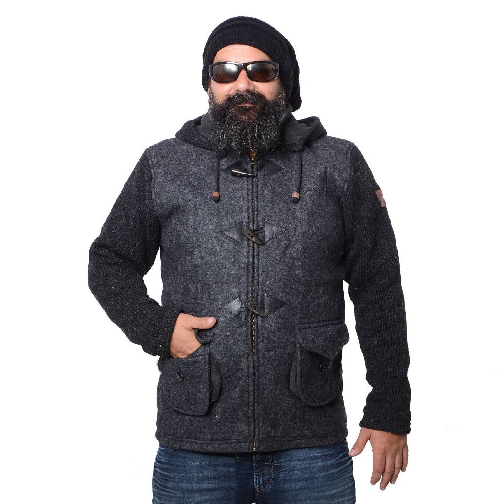 Kunst Und Magie Kunst Und Magie Herren Loden Jacke Mit Gestrickten Ärmeln Und Abnehmbarer Kapuze