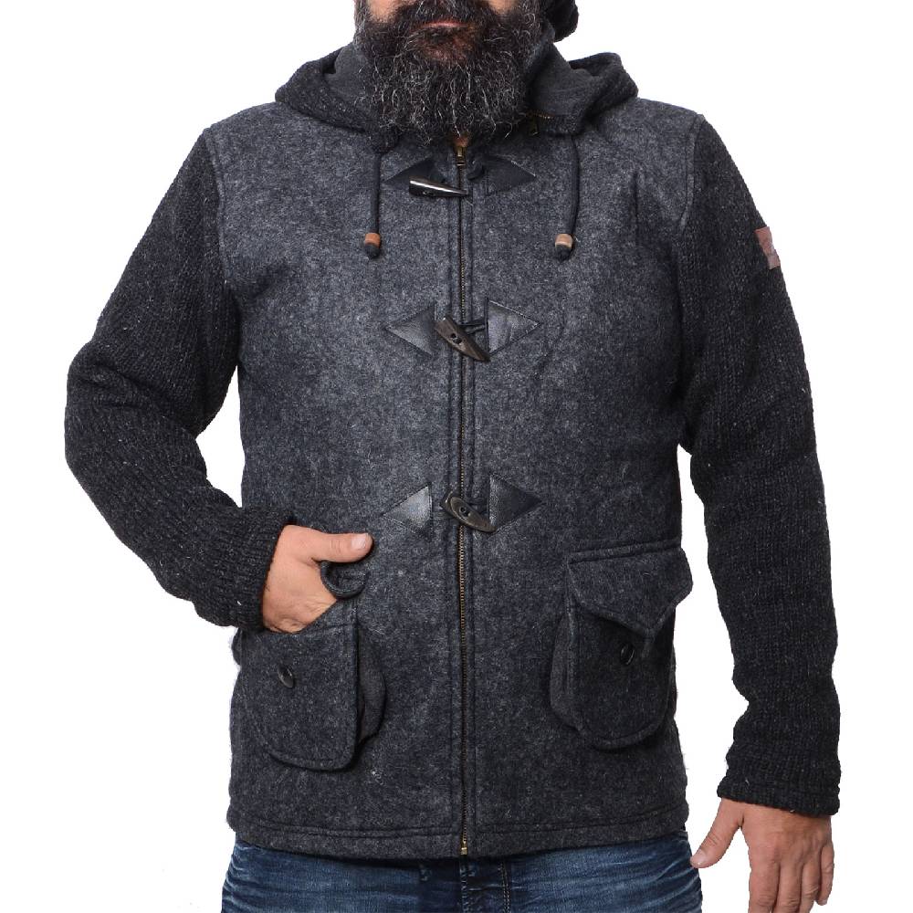 Kunst Und Magie Kunst Und Magie Herren Loden Jacke Mit Gestrickten Ärmeln Und Abnehmbarer Kapuze