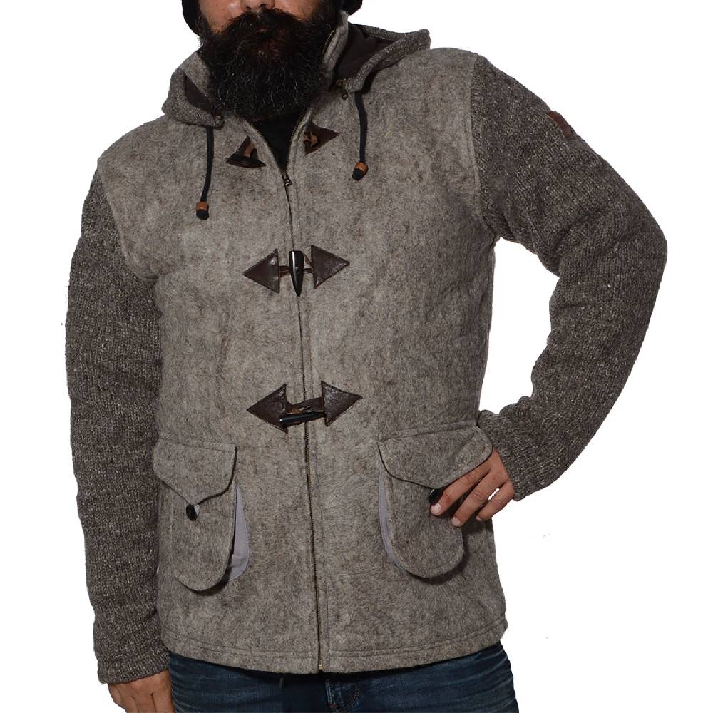 Kunst Und Magie Kunst Und Magie Herren Loden Jacke Mit Gestrickten Ärmeln Und Abnehmbarer Kapuze