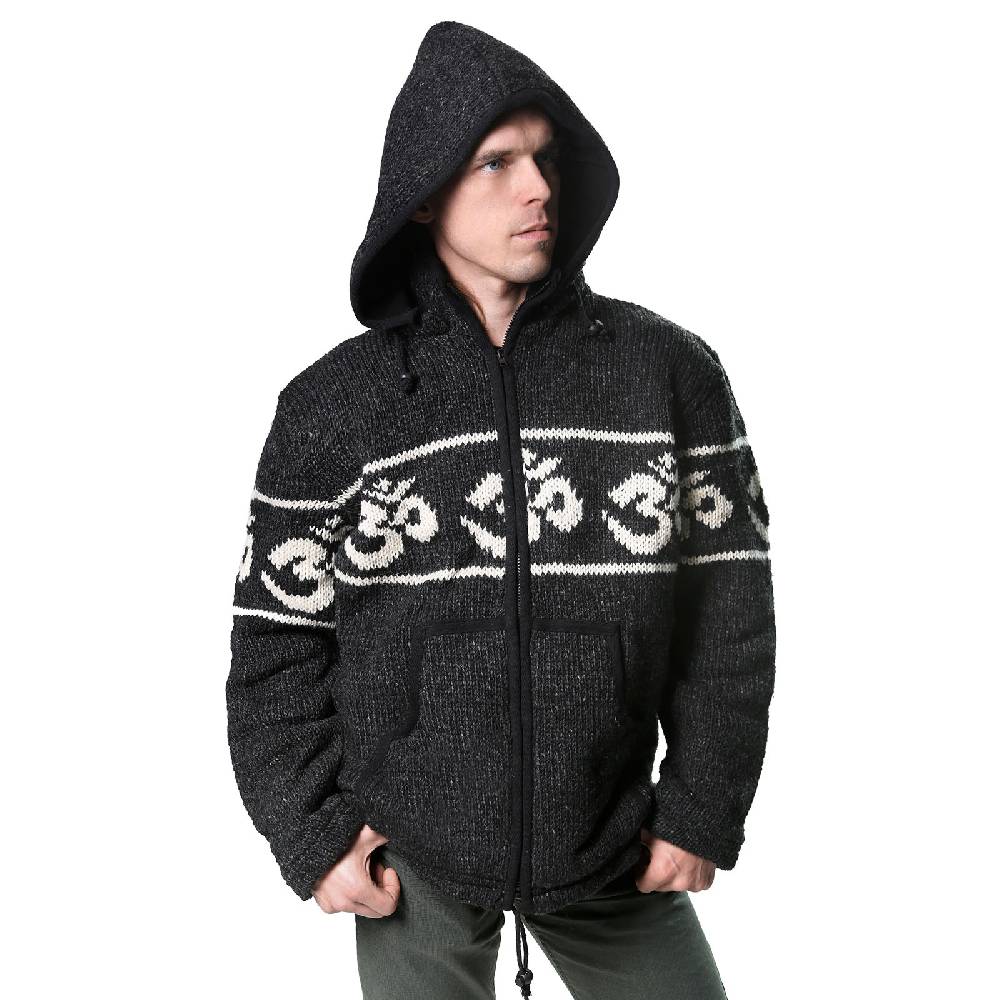 Kunst Und Magie Kunst und Magie Herren Strickjacke OM Wolljacke mit Fleecefutter abnehmbare Kapuze Schurwolle