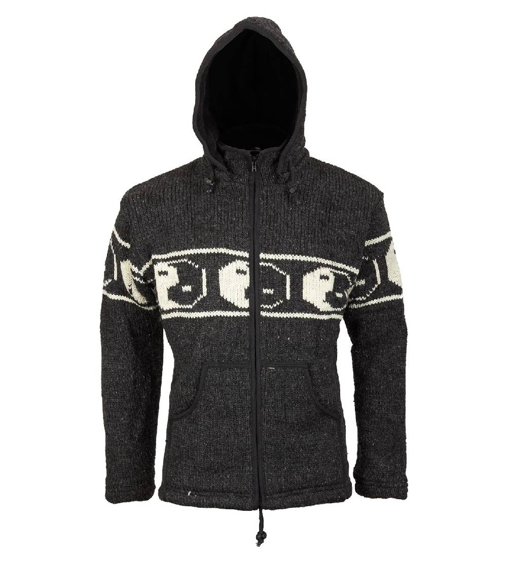 Kunst Und Magie Kunst und Magie Herren Strickjacke Ying Yang Wolljacke mit Fleecefutter und abnehmbarer Kapuze