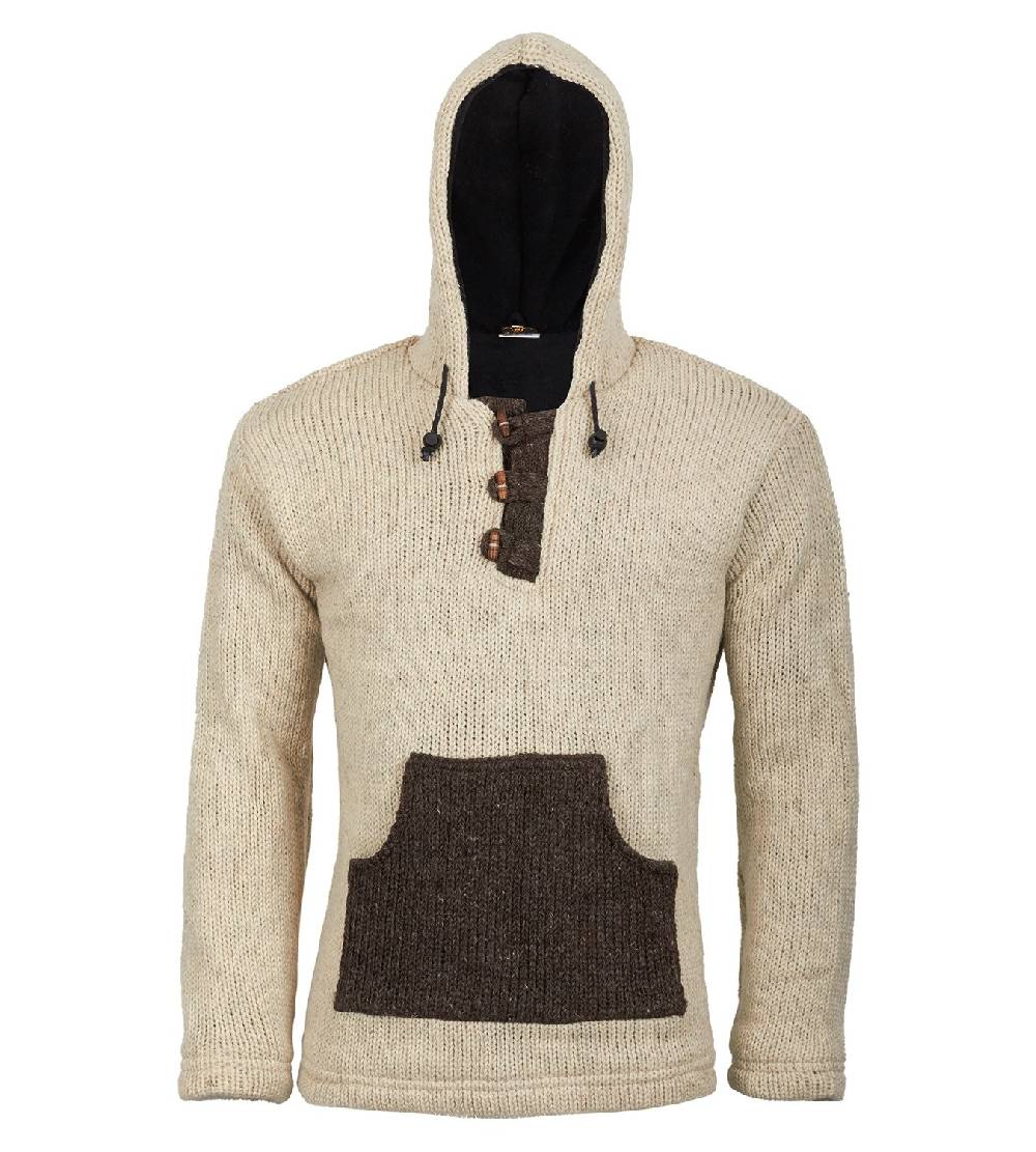 Kunst Und Magie Kunst und Magie Herren Strickpullover Kapuze Wollpullover Nepal Baja Fleecefutter Hoodie