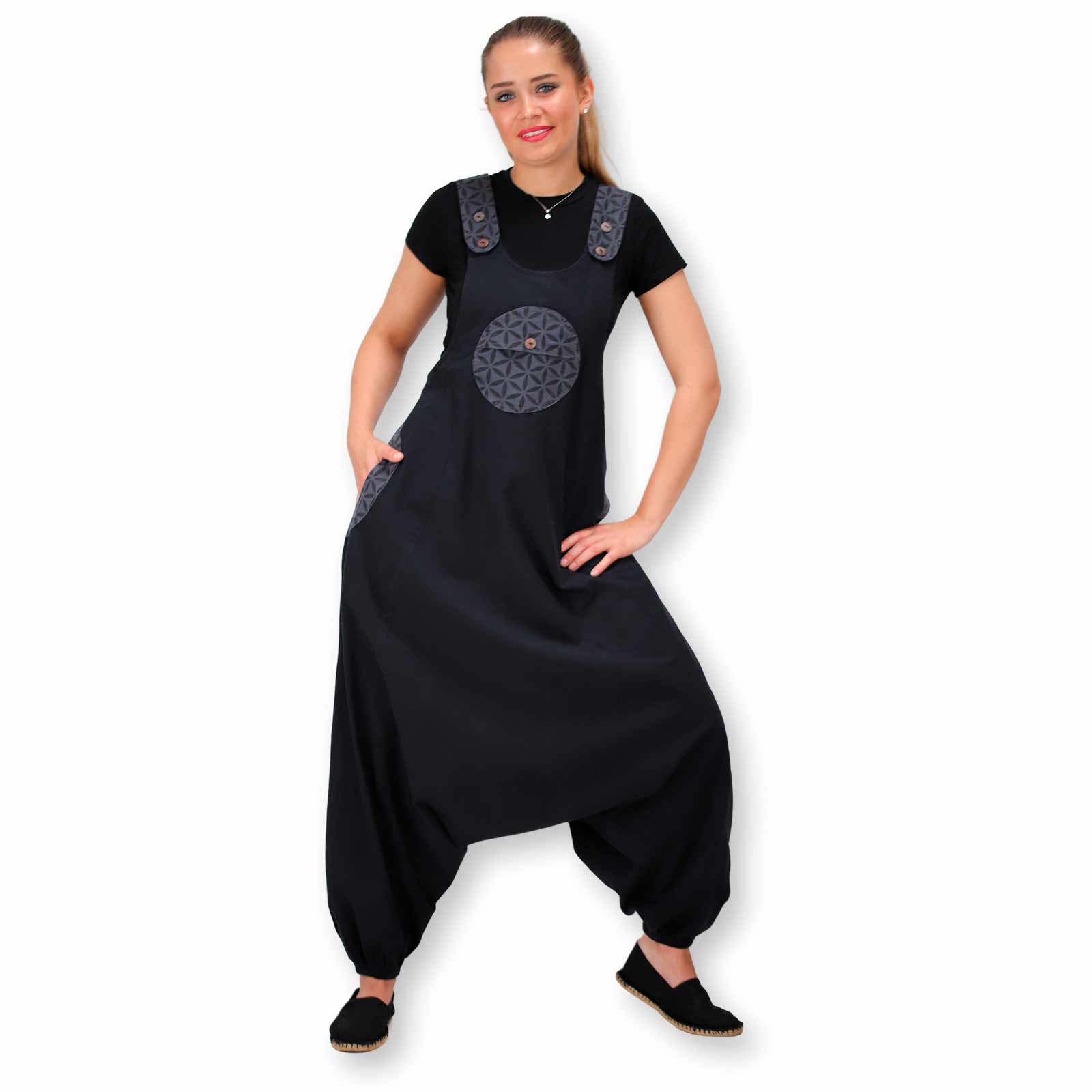 Kunst Und Magie Kunst und Magie Hippie Latzhose Haremshose Hose Goa Boho Jumpsuit Overall Blume des Lebens