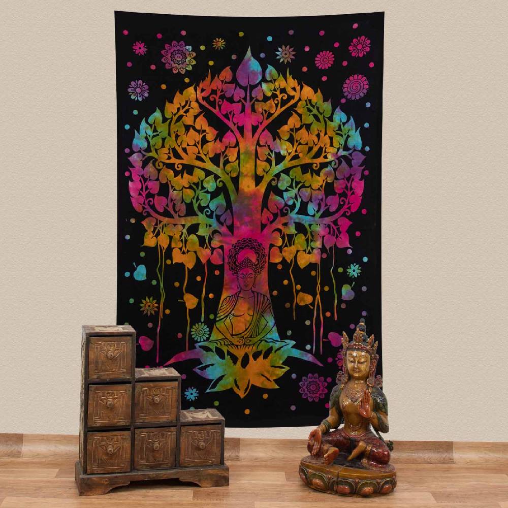Kunst Und Magie Kunst und Magie Tagesdecke Wandbehang Bunt Deko Tuch Buddha Bodhi Baum Meditation ca. 200x135cm