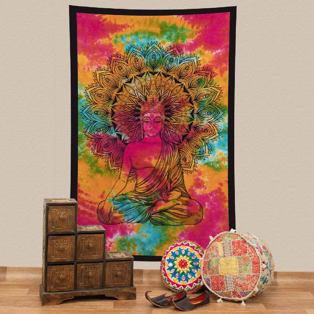 Kunst Und Magie Kunst und Magie Tagesdecke Wandbehang Bunt Deko Tuch Buddha Meditation ca. 200 x 135cm