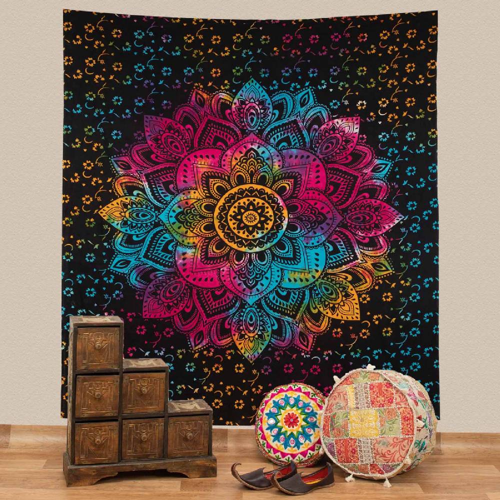 Kunst Und Magie Kunst und Magie Tagesdecke Wandbehang Bunt Deko Tuch Lotus Mandala Meditation ca. 200 x 230cm