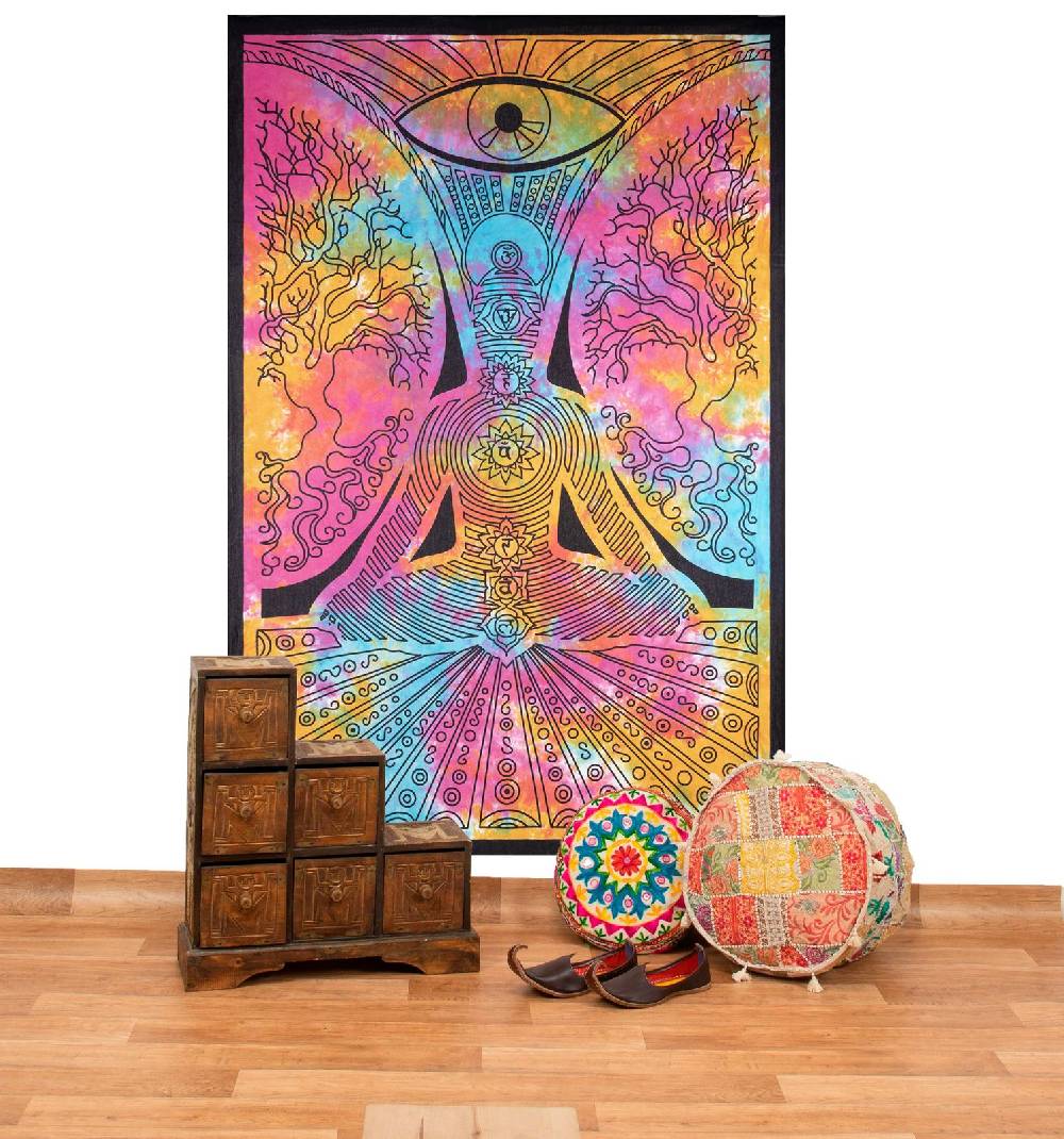 Kunst Und Magie Kunst und Magie Tagesdecke Wandbehang Bunt Deko Tuch Buddha Chackra Meditation ca.200x135cm