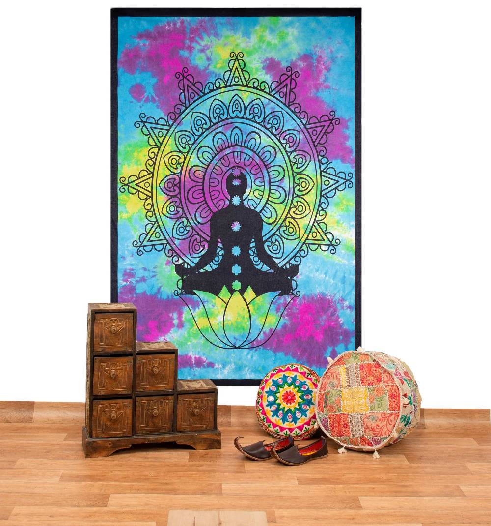 Kunst Und Magie Kunst und Magie Tagesdecke Wandbehang Bunt Deko Tuch Buddha Chackra Meditation ca.200x135cm