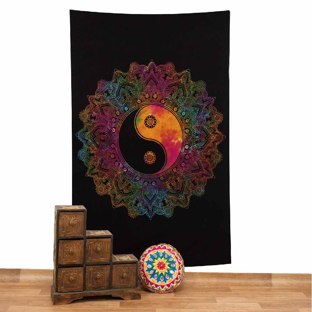 Kunst Und Magie Kunst und Magie Tagesdecke Wandbehang Buntes Tuch Ying & Yang Mandala ca. 200 x 135 cm