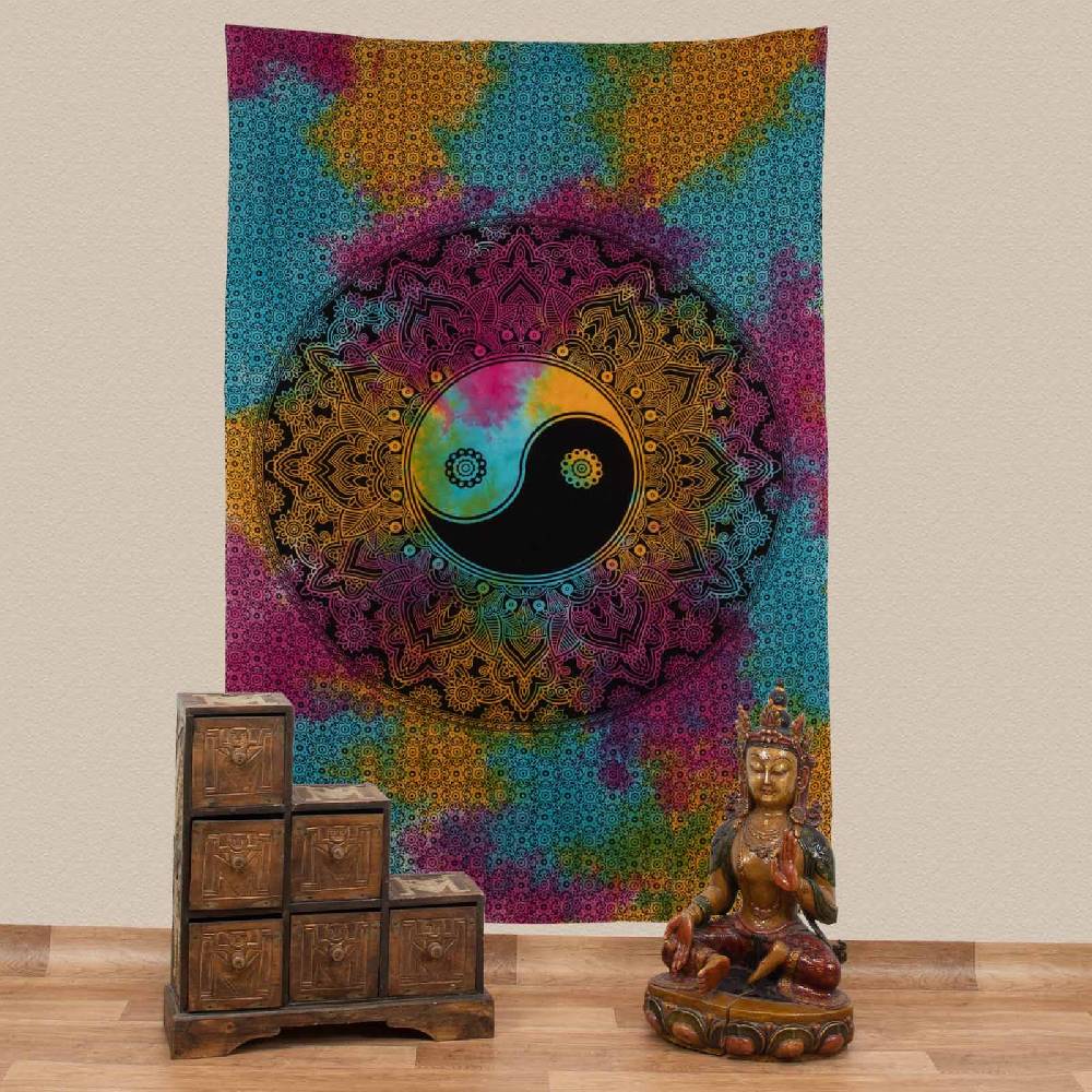 Kunst Und Magie Kunst und Magie Tagesdecke Wandbehang Buntes Tuch Ying & Yang Mandala ca. 200 x 135 cm