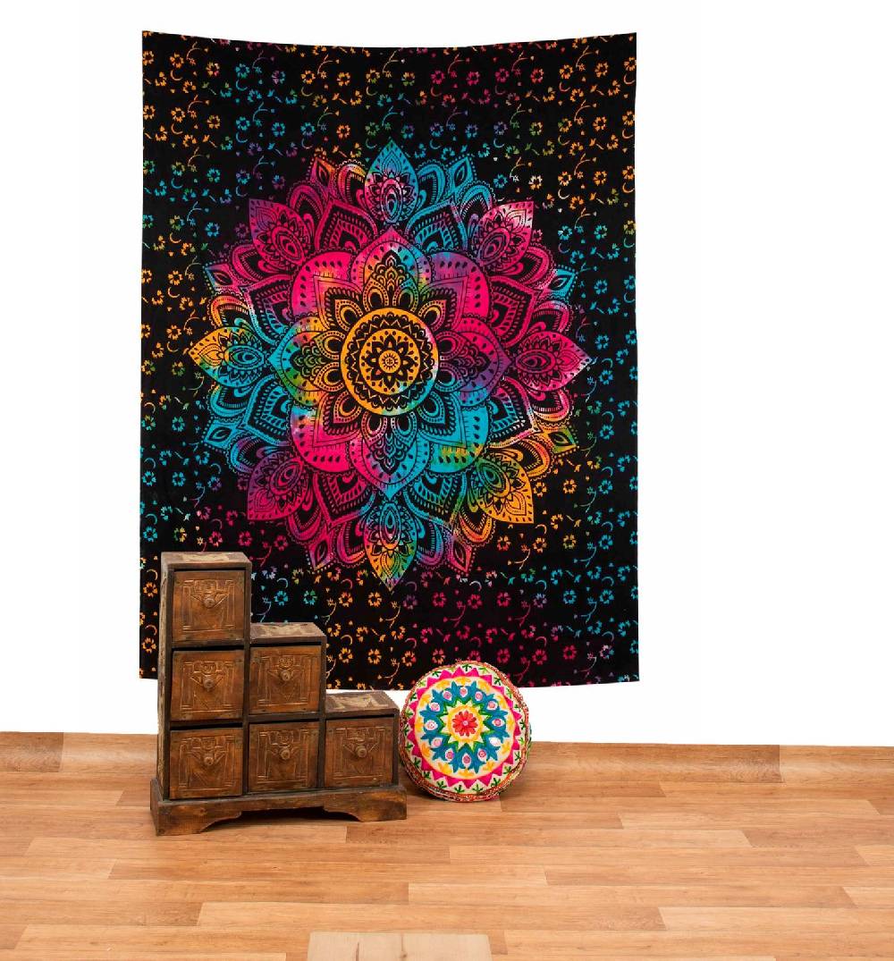 Kunst Und Magie Kunst und Magie Tagesdecke Wandbehang Buntes Tuch Lotus Mandala ca. 200 x 135 cm