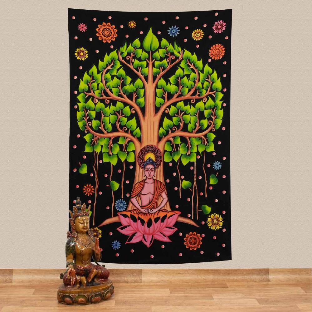 Kunst Und Magie Kunst und Magie Tagesdecke Wandbehang Deko Chakra BuddhaLebensbaum Meditation UV Aktiv ca. 200 x 135 cm