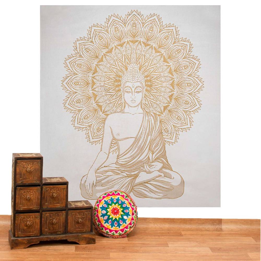 Kunst Und Magie Kunst und Magie Tagesdecke Wandbehang Deko Tuch Buddha Meditation Gold ca. 200 x 230cm