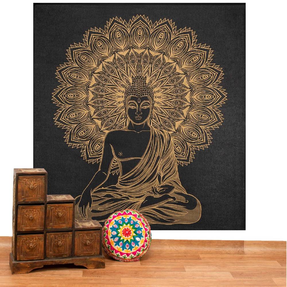 Kunst Und Magie Kunst und Magie Tagesdecke Wandbehang Deko Tuch Buddha Meditation Gold ca. 200 x 230cm