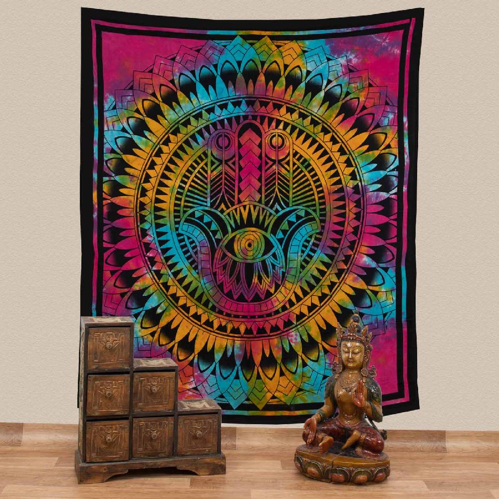 Kunst Und Magie Kunst und Magie Tagesdecke Wandbehang Deko Tuch Bunte Hamsa Hand ca. 200 x 230cm