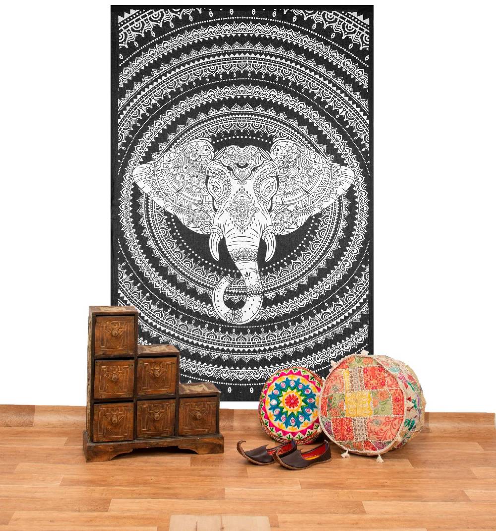 Kunst Und Magie Kunst und Magie Tagesdecke Wandbehang Deko Tuch Elefant Mandala ca 135 x 200cm