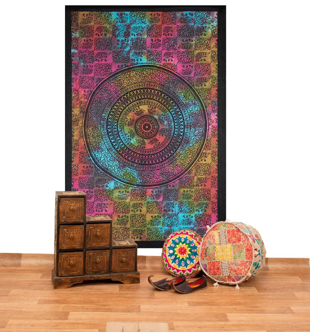 Kunst Und Magie Kunst und Magie Tagesdecke Wandbehang Deko Tuch Elefant Mandala ca 135 x 200cm