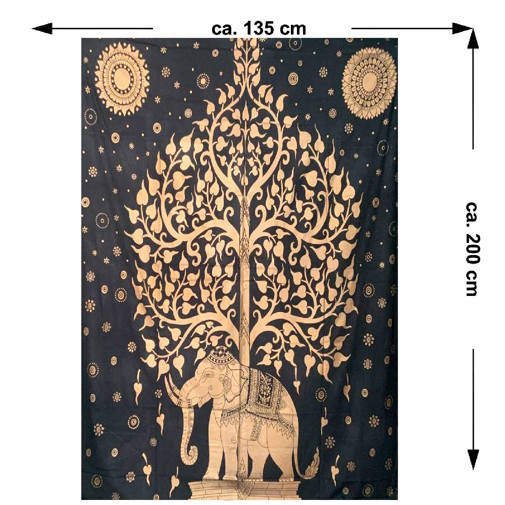 Kunst Und Magie Kunst Und Magie Tagesdecke Wandbehang Deko Tuch Goldener Elefant Bohi Baum Ca. 200 X135cm