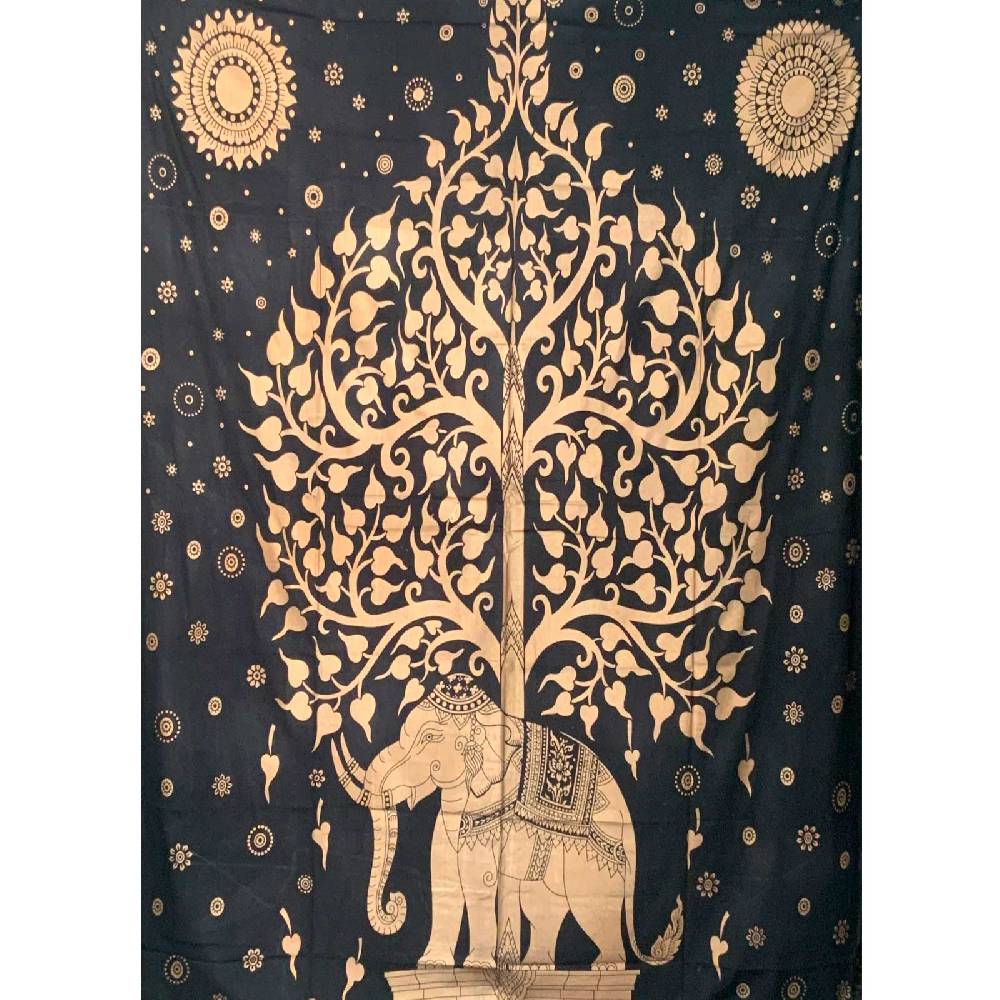 Kunst Und Magie Kunst und Magie Tagesdecke Wandbehang Deko Tuch Goldener Elefant Bohi Baum ca. 200 x135cm