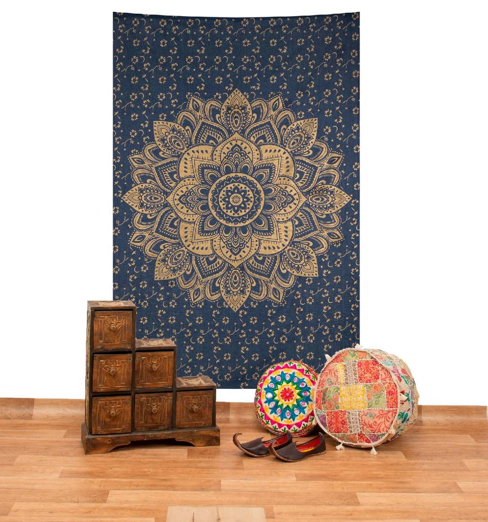 Kunst Und Magie Kunst und Magie Tagesdecke Wandbehang Deko Tuch Golden Blue Lotus Mandala ca. 200 x135cm