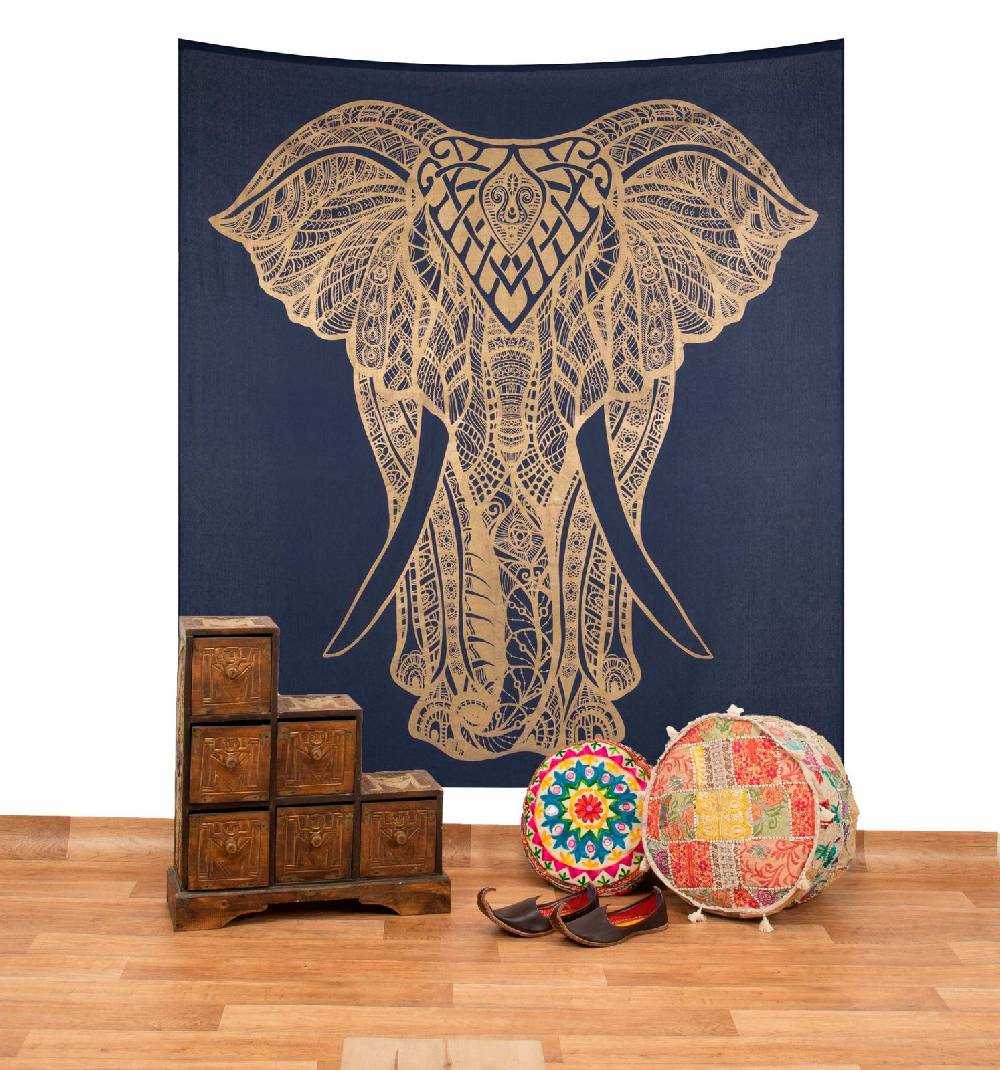 Kunst Und Magie Kunst und Magie Tagesdecke Wandbehang Deko Tuch Goldener Elefant ca. 200 x 230cm