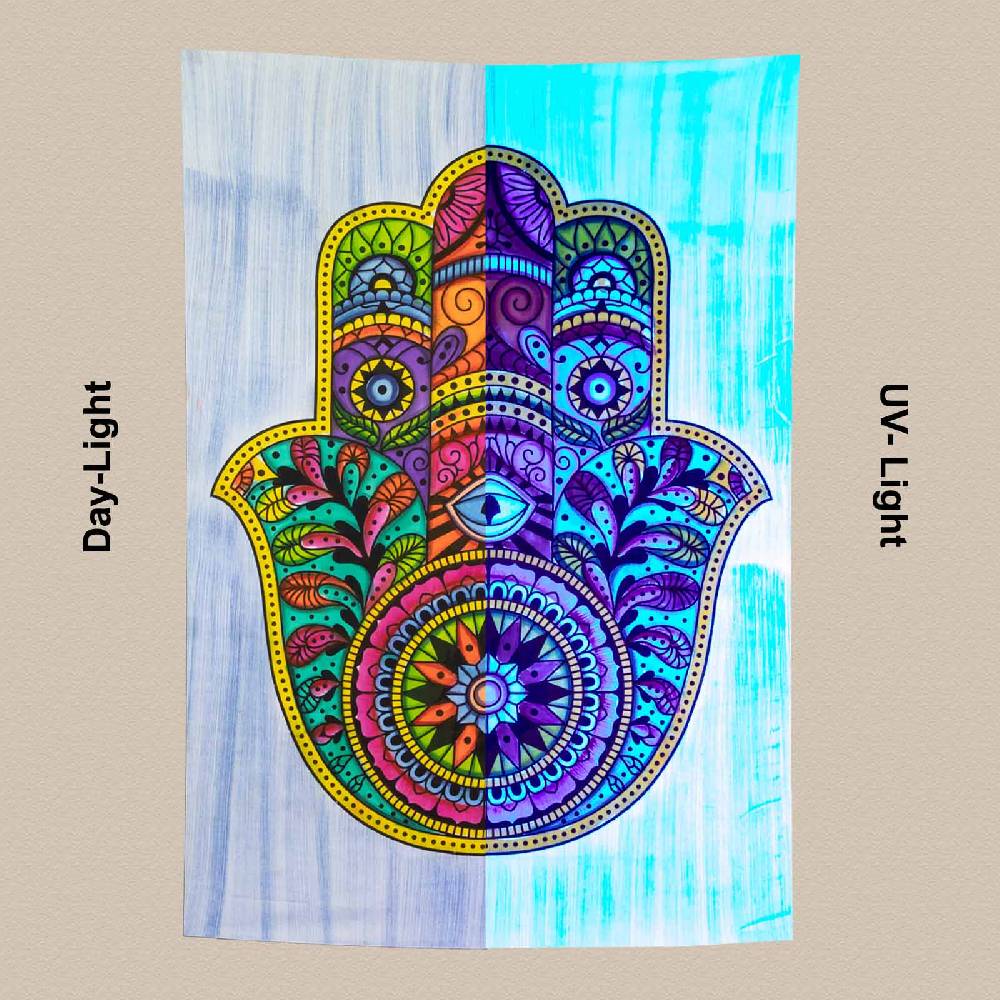 Kunst Und Magie Kunst Und Magie Tagesdecke Wandbehang Deko Tuch Hamsa Hand UV Aktiv Ca. 200 X 135 Cm