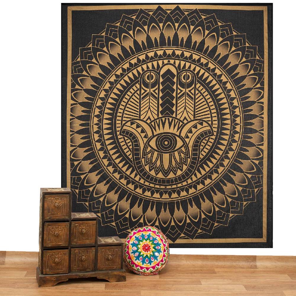 Kunst Und Magie Kunst und Magie Tagesdecke Wandbehang Deko Tuch HAMSA Gold ca. 200 x 230cm